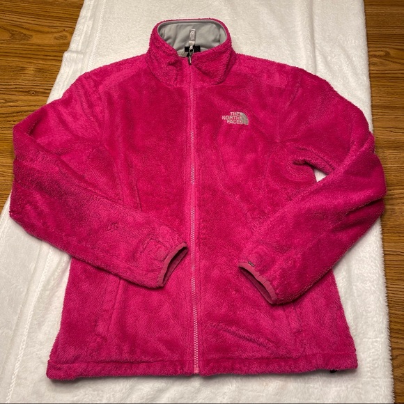 pink fluffy north face jacket